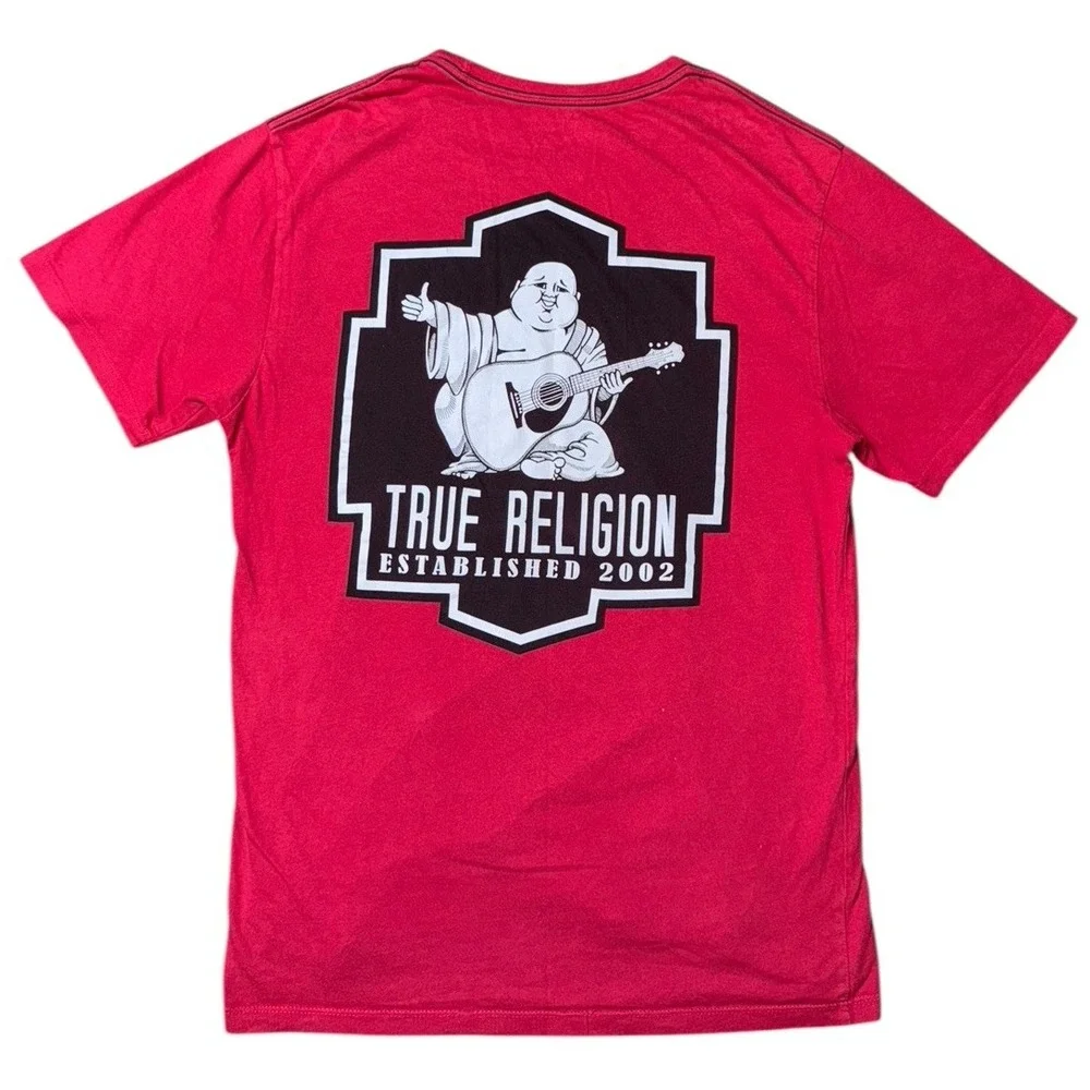 True Religion Men's S Red Tee Shirt‎ Buddha Guitar Print Logo Y2K Style